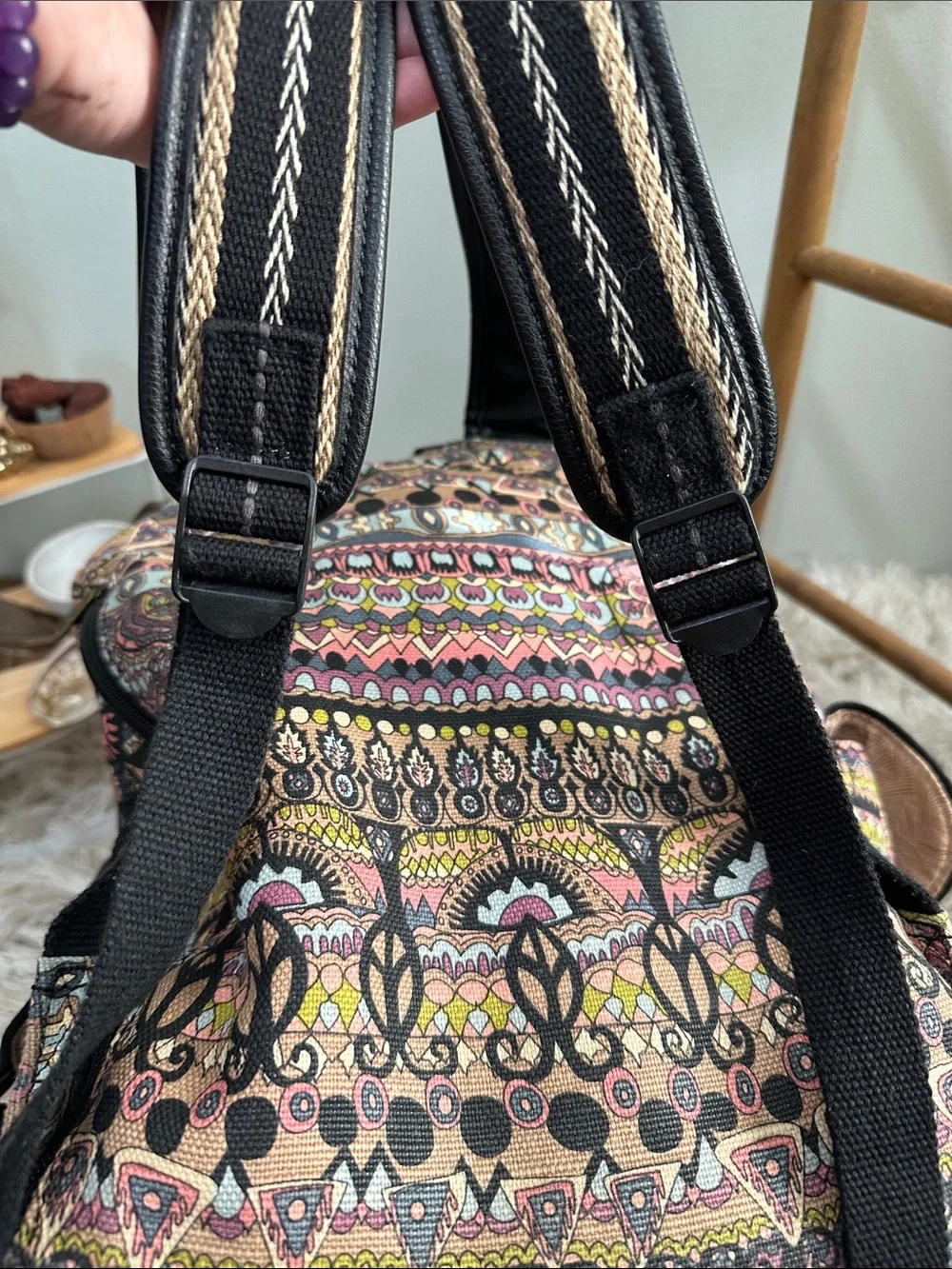Sakroots Multicolor Boho Canvas Backpack‎ with Black Trim